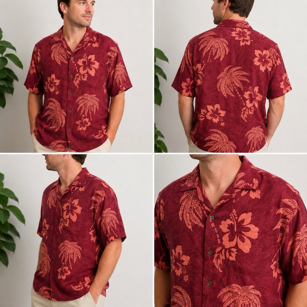 Tommy Bahama 100% Silk Hawaiian Camp Shirt Mens Large Red Floral Palm Trees